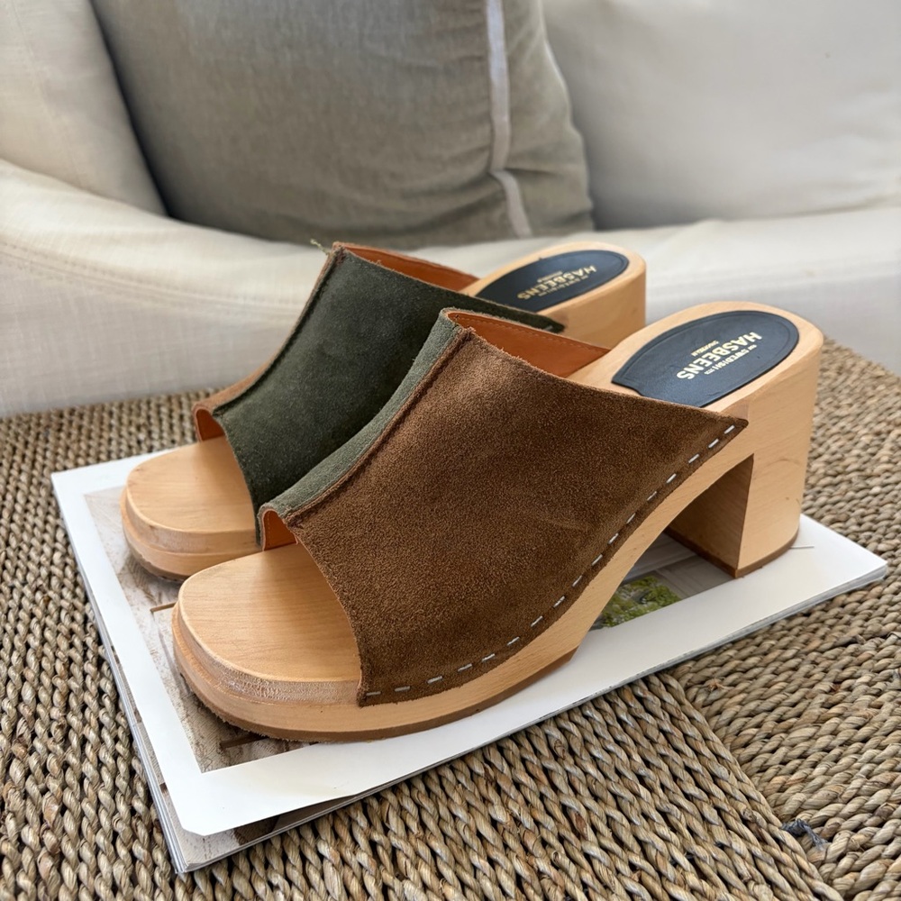 Swedish Hasbeens Two-Tone Suede Wood Clogs in Brown and Olive